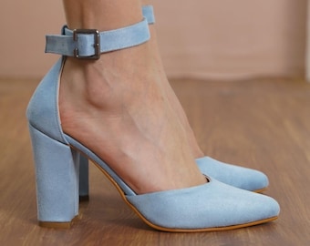 Baby Blue Ankle Strap Shoes, Vegan Suede Wedding Shoes with High Block  Bridal Heels, Light Blue Lolita Brides Wedding Heels, Gift for Her