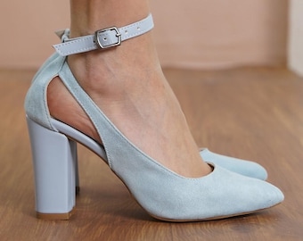 Baby Blue Wedding Heels, Vegan Suede Bridal Shoes with High Block Heels,  Light Blue Ankle Strap Brides Wedding Shoes, Vegan Gift for Her