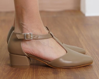 Mink Mary Jane Shoes, Vegan Leather T-Straps Boho Wedding Heels, Taupe Bridal Low Heeled Shoes, Women Short Wedding Sandal, Gift for Her