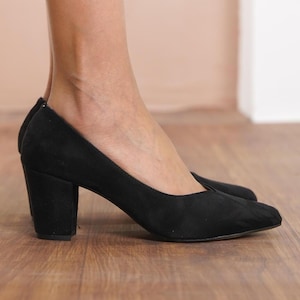 Black Wedding Shoes, Vegan Suede Wedding Heels, Medium High Block Formal Bride Shoes, Classic Designer Party Wear Women Pumps Dress Shoes