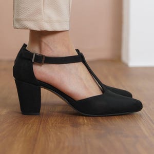 Black Mary Jane Shoes, Black Vegan Suede T-Straps Boho Wedding Medium High Heels, Bridal Low Heeled Shoes, Women Vintage Wedding Sandals