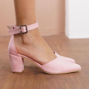 Blush Pink Wedding Shoes, Vegan Suede Wedding Heels, Pink Medium High Block Heel for Brides, Women Ankle Straps Closed Toe Wedding Pumps