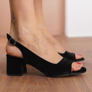 Black Bride Heels, Black Silky Velvet Wedding Shoes, Low Bridal Block Bridesmaid Heels, Open Toe Slingback Wedding Women Flat Sandals