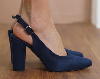 Donkerblauwe bruidshakken, veganistische suède trouwschoenen, hoge