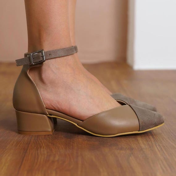Brown Wedding Shoes Mink Vegan Leather and Suede Short Wedding Shoes With Low Block Brial Heels Ankle Straps Bridesmaid Women Sandals Etsy