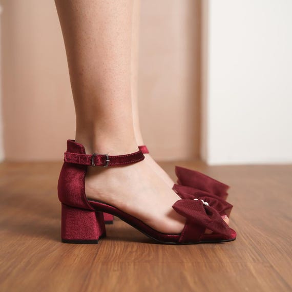 Burgundy Tulle Bow Heels, Red Velvet Open Toe Ankle Straps Short