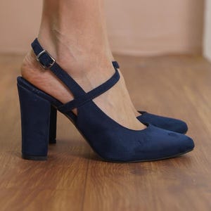 Navy Blue Bridesmaid Heels, Vegan Suede Ankle Straps Wedding Shoes, Bride High Block Heels, Classic Women Closed Toe Slingback Wedding Heels