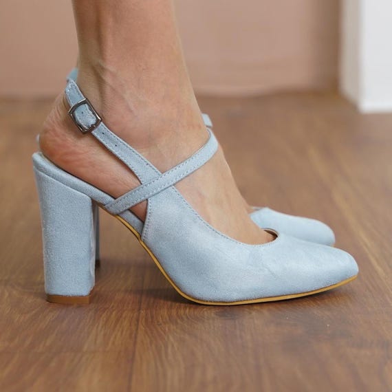 Baby Blue Bridesmaid Heels, Vegan Suede Ankle Straps Light Blue