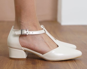 Ivory Mary Jane Shoes, Vegan Leather T-Straps Boho Wedding Heels, Ivory Bridal Low Heeled Shoes, Women Short Wedding Sandal, Gift for Her