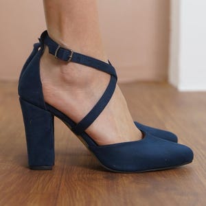 Navy Blue Criss Cross Heels, Vegan Suede Closed Toe Ankle Straps Wedding Heels with High Block Bridal Shoes, Dark Blue Brides Wedding Shoes