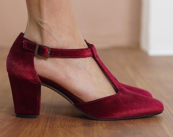 Burgundy Mary Jane Shoes, Dark Red Silky Velvet T-Straps Boho Wedding Medium High Heel, Bridal Low Heeled Shoe, Women Vintage Wedding Sandal