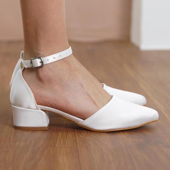 White Wedding Heels, Silky Satin Wedding Shoes, Low Block Heels for Bride,  White Women Ankle Strap Wedding Short Flat Sandal, Gift for Her - Etsy