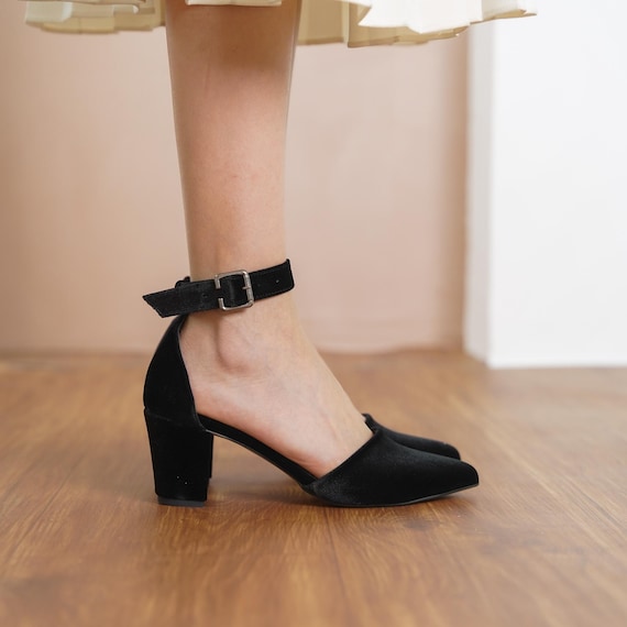 Black Wedding Shoes, Silky Velvet Wedding Heels, Medium High Block Heels for Brides, Women Ankle Strap Closed Toe Wedding Pump, Gift for Her