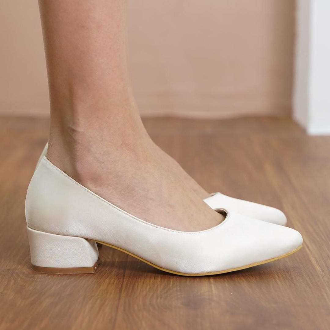 White Bridal Heels, Silky Satin Wedding Shoes, Elegant Low Block