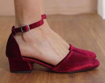 Burgundy Bridal Shoes, Dark Red Velvet Wedding Heels, Low Block Heels for Bride, Women Ankle Strap Wedding Short Flat Sandal, Gift for Her