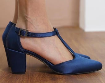 Navy Blue Mary Jane Shoes, Blue Silky Satin T-Straps Boho Wedding Medium  High Heels, Bridal Low Heeled Shoe, Women Vintage Wedding Sandals