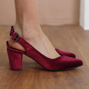 Burgundy Wedding Heels, Red Silky Velvet Elegant Wedding Shoes, Medium High Block Bride Heels, Slingback Chic Comfortable Women Dress Shoes