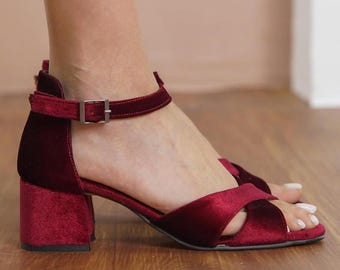 Burgundy Criss Cross Shoes, Dark Red Silky Velvet Open Toe Ankle Strap Wedding Short Shoes with Low Block Bridal Heels, Brides Wedding Heels