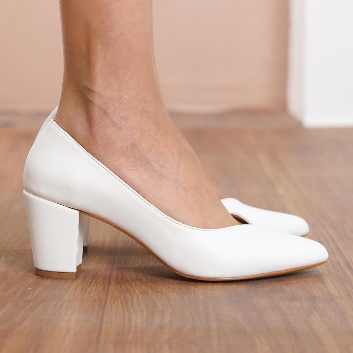 White Wedding Shoes, Vegan Leather Wedding Heels, Medium High Block Formal Bride Shoes, Classic Designer Party Wear Women Pumps Dress Shoes