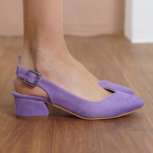 Lilac Bridal Shoes, Vegan Suede Wedding Heels, Low Block Heels for Bride, Lilac Classic Women Slingback Wedding Flat Sandals, Gift for Her