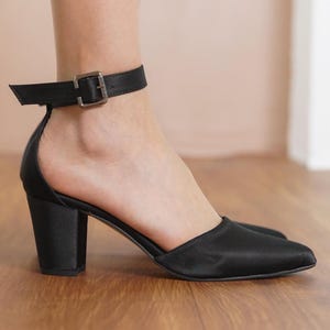 Black Wedding Shoes, Silky Satin Wedding Heels, Medium High Block Heels for Brides, Women Ankle Strap Closed Toe Wedding Pumps, Gift for Her
