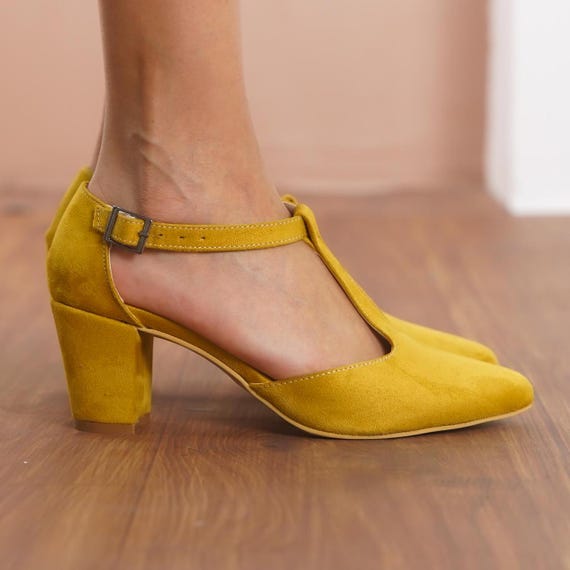 Yellow Mary Jane Shoes, Mustard Vegan Suede T-straps Boho Wedding