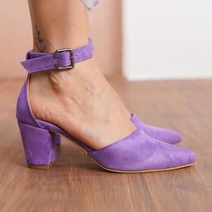 Lilac Wedding Shoes, Vegan Suede Wedding Heels, Purple Medium High Block Heel for Brides, Women Ankle Straps Closed Toe Wedding Pumps