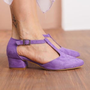 Lilac Mary Jane Shoes, Purple Vegan Suede T-Straps Boho Wedding Heels, Bridal Low Heeled Shoes, Women Short Wedding Sandals