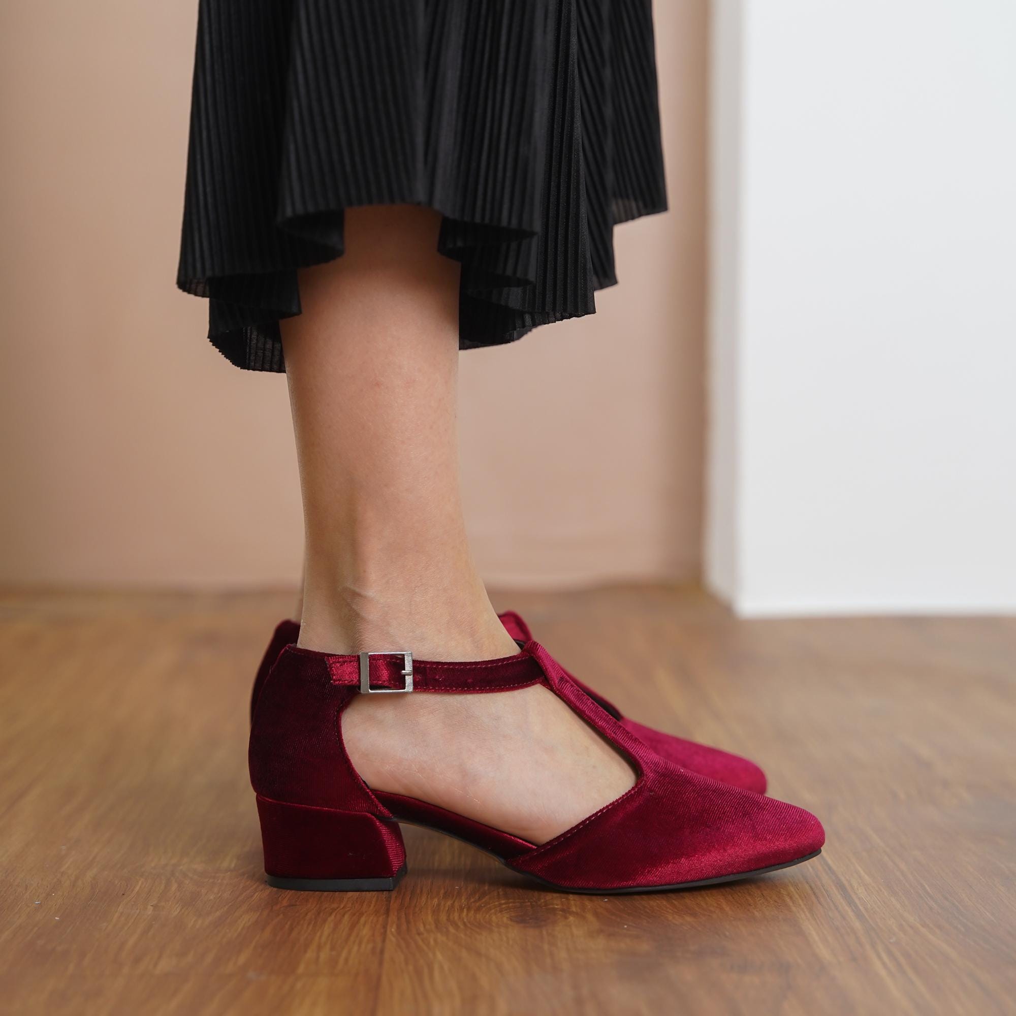Burgundy Mary Jane Shoes, Dark Red Velvet T-straps Boho Wedding