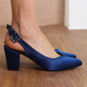 Navy Blue Wedding Heels, Silky Satin Elegant Wedding Shoes, Medium High Block Bride Heel, Closed Toe Slingback Comfortable Women Dress Shoes