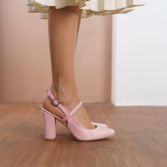 Dusty Pink Bridesmaid Heels, Vegan Suede Ankle Straps Wedding Shoes, Bride High Block Heels, Blush Women Closed Toe Slingback Wedding Heels