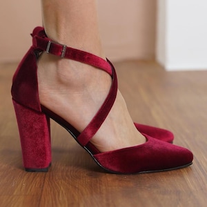 Burgundy Criss Cross Heels, Red Velvet Closed Toe Ankle Straps Wedding Heels with High Block Bridal Shoes, Brides Wedding Shoe, Gift for Her