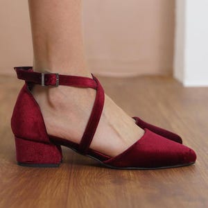 Burgundy Criss Cross Heels, Red Velvet Closed Toe Ankle Straps Low Wedding Heels Short Block Bridal Shoe, Brides Wedding Shoes, Gift for Her