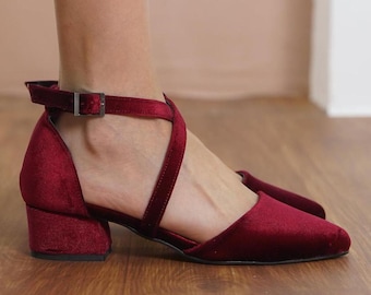 Burgundy Criss Cross Heels, Red Velvet Closed Toe Ankle Straps Low Wedding Heels Short Block Bridal Shoe, Brides Wedding Shoes, Gift for Her