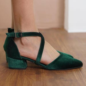 Green Criss Cross Heels, Emerald Silky Velvet Closed Toe Ankle Straps Low Wedding Heels Short Bridal Shoe, Brides Wedding Shoe, Gift for Her