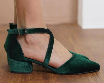 Green Criss Cross Heels, Emerald Silky Velvet Closed Toe Ankle Straps Low Wedding Heels Short Bridal Shoe, Brides Wedding Shoe, Gift for Her