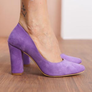 Lilac Bridal Heels, Vegan Suede Wedding Shoes, Elegant High Block Heels, Classical Designer Wedding Shoes, Party Wear Women Pump, Vegan Gift