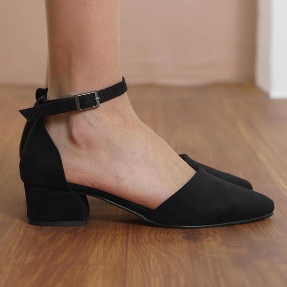 Ankle Strap Black Wedding Wedges Low Heel Point Toe Ankle Strap
