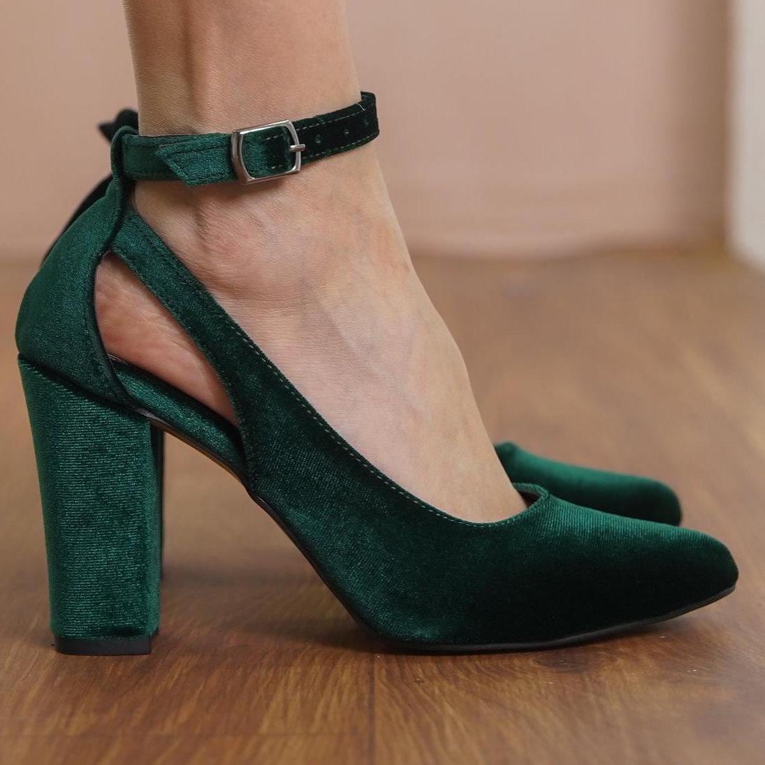 Tacón Ancho Zapatos Terciopelo Verde Botella Sandalias Verde