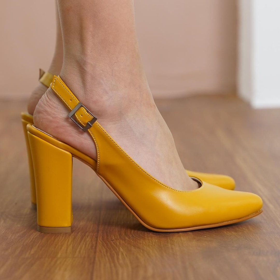 Block Heel Shoes Yellow Pumps Low Heel Women's Fashion Evening