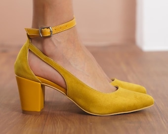 Mustard Wedding Heels, Vegan Suede Bridal Shoes with Medium High Block Heels, Yellow Classic Ankle Straps, Bridesmaid Wedding Sandals