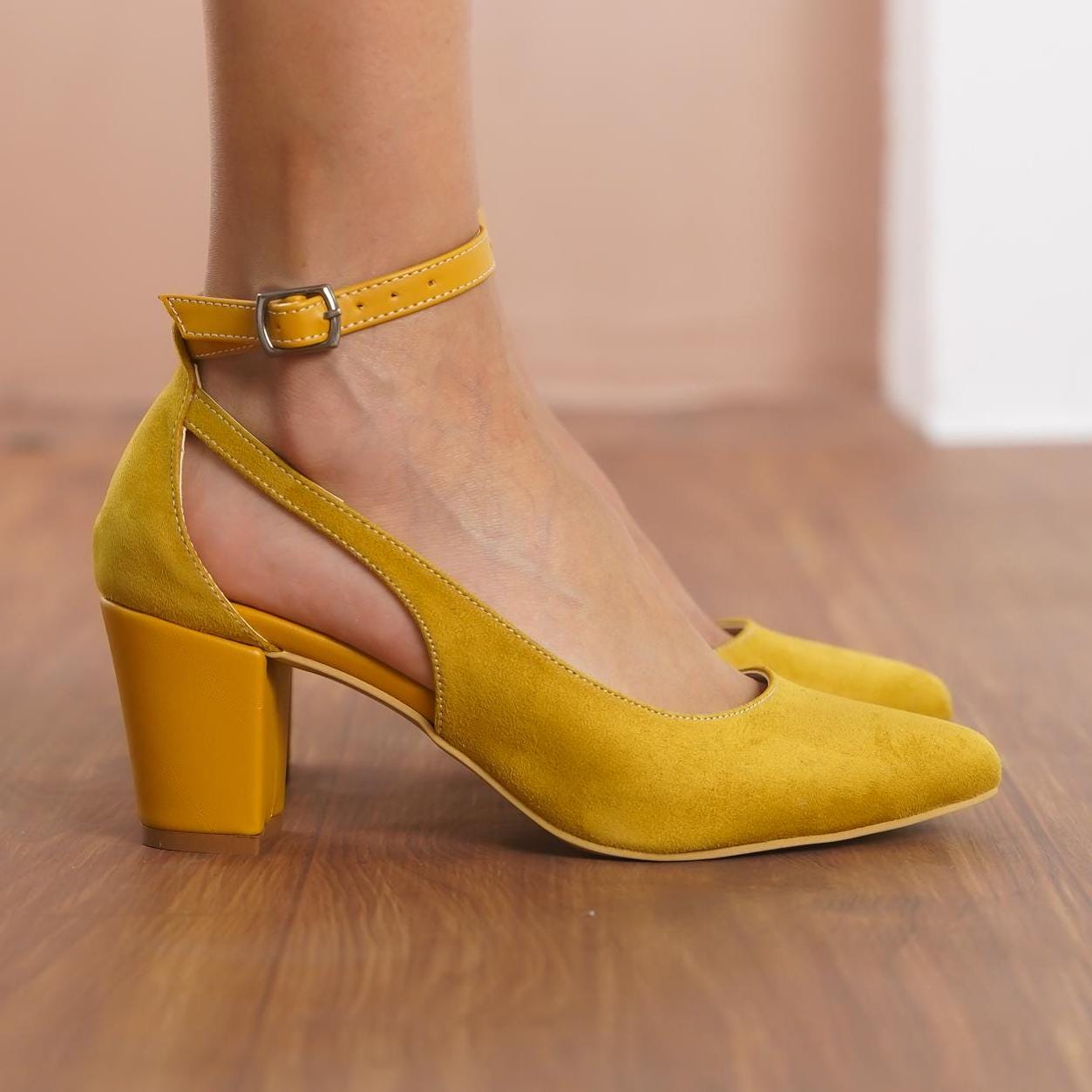 Mustard Wedding Heels, Vegan Suede Bridal Shoes With Medium