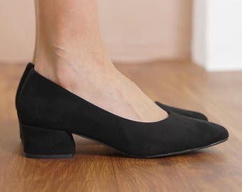 Black Bridal Heels, Vegan Suede Wedding Shoes, Elegant Low Block Heels, Classical Designer Short Heel Wedding Shoes, Party Wear Women Pumps