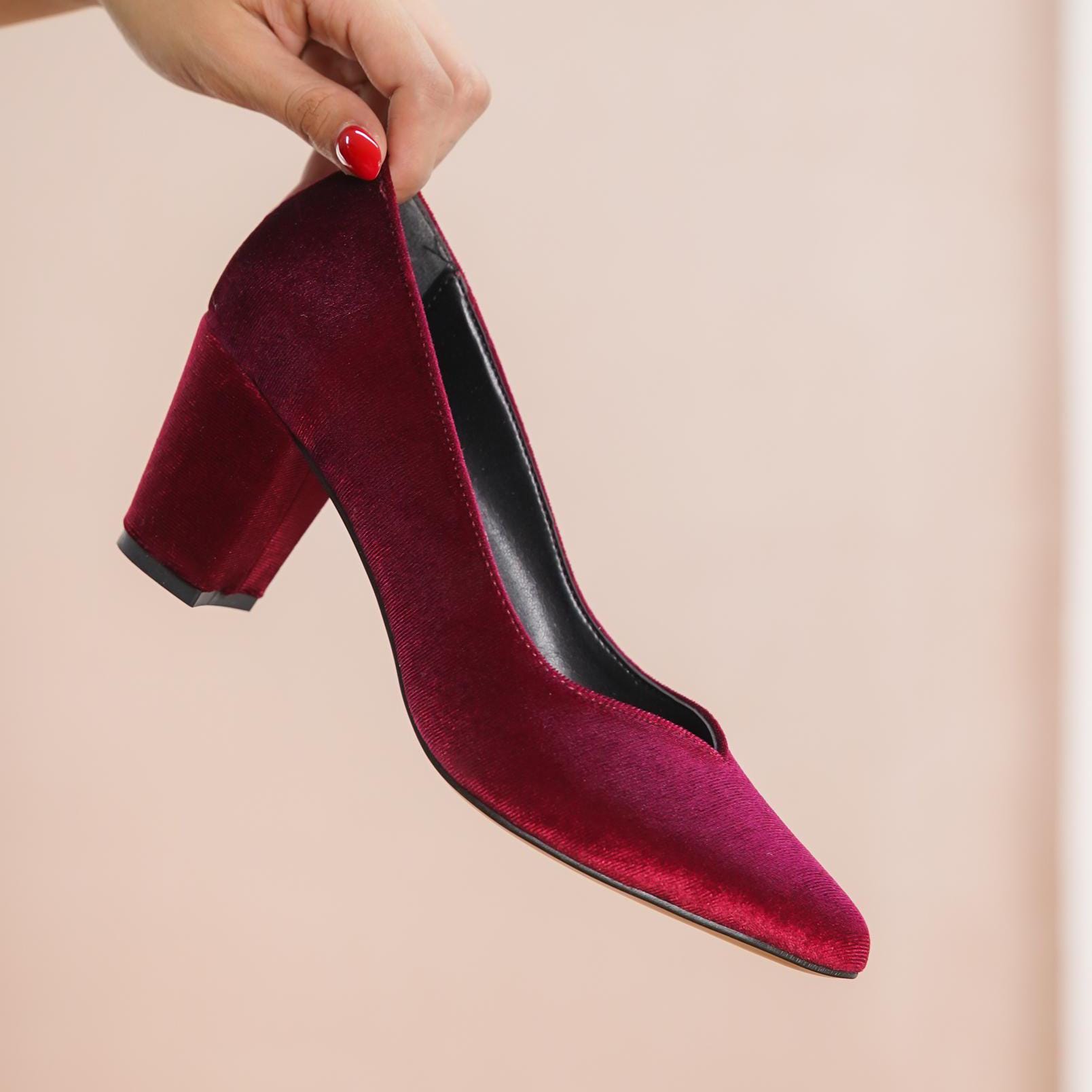 princess polly baby blue dress Comfort Burgundy Chunky Heel Dress Shoes Elegant Block Heels 7 cm Heeled Pumps Pointed Toe Party Shoes Wedding Shoes Velvet with Pearls