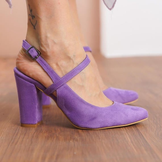 Lilac Bridesmaid Heels, Vegan Suede Ankle Straps Purple Wedding