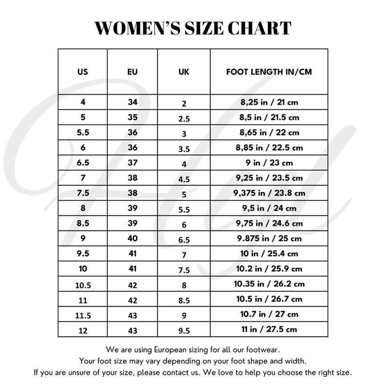 Womens size chart for Hyl shoes, showing US, EU, and UK sizes along with corresponding foot lengths in inches and centimeters. Sizes range from US 4 to 12, EU 34 to 43, and UK 2 to 9.5.