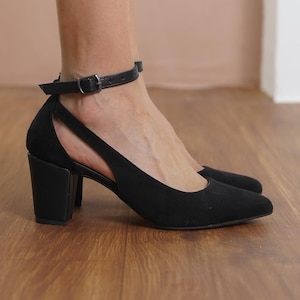 Black Wedding Heels, Vegan Suede Bridal Shoes with Medium High Block Heels, Classic Ankle Strap Bridesmaid Wedding Sandals, Gift for Her