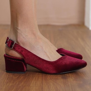 Burgundy Bridal Shoes, Dark Red Velvet Wedding Heels, Low Block Heels for Bride, Classic Women Slingback Wedding Flat Sandals, Gift for Her