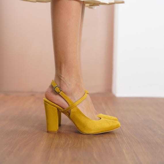 Yellow Bridesmaid Heels, Vegan Suede Ankle Straps Wedding Shoes, Bride High Block Heels, Classic Women Closed Toe Slingback Wedding Heels