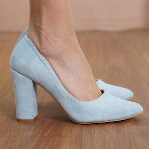 Light Blue Bridal Heels, Baby Blue Vegan Suede Wedding Shoe, Elegant High Block Heels, Classical Wedding Shoe, Women Pump for Something Blue